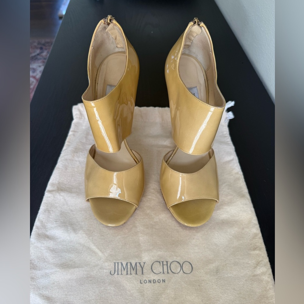 Jimmy Choo Nude Patent Leather Peep-Toe Pumps